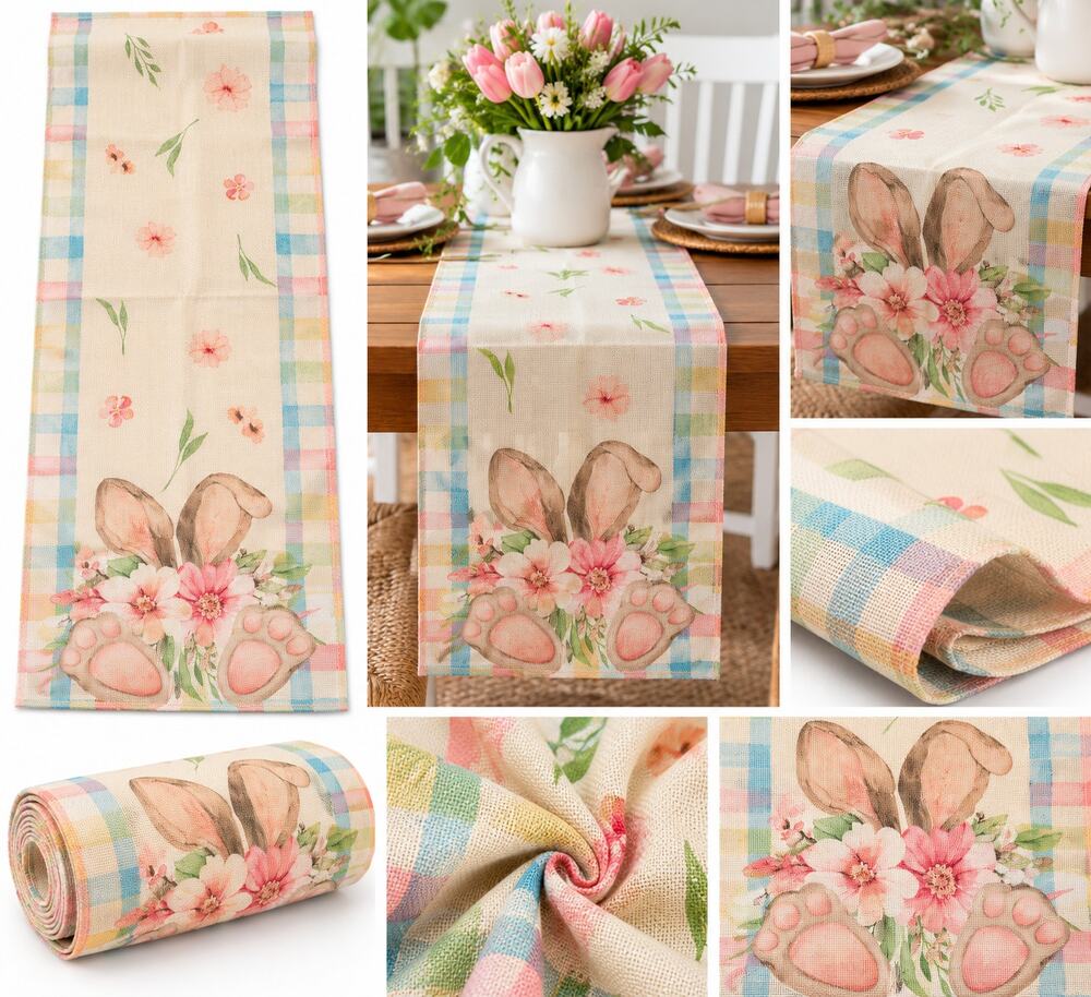 Easter Bunny Floral Table Runner – Pastel Plaid Spring Décor – 13" x 60"